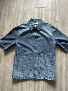 Designer Blue Denim Short-Sleeve Shirt Jacket (XL) Denim Workwear Shirt